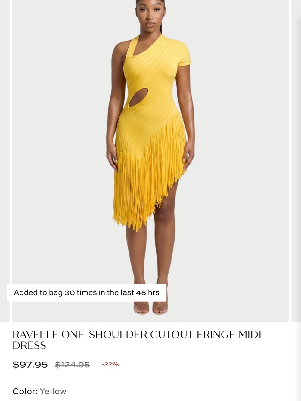ravel One-Shoulder Cutout Fringe Midi Dress in Yellow